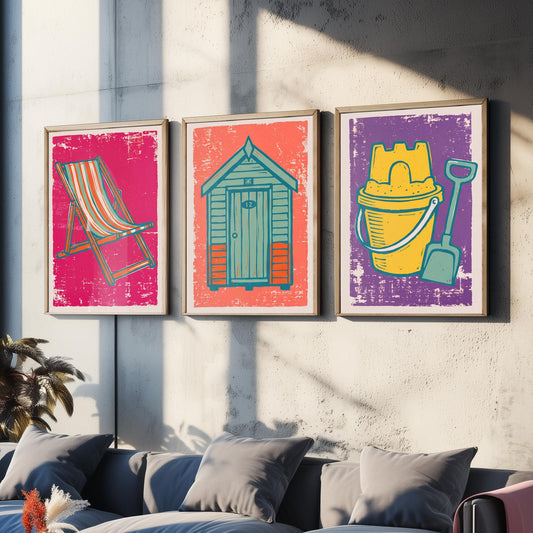 Set of Three British Seaside Art Prints - Deckchair, Beach Hut, Bucket and Spade - Linocut Illustrations - Coastal Triptych Posters V1