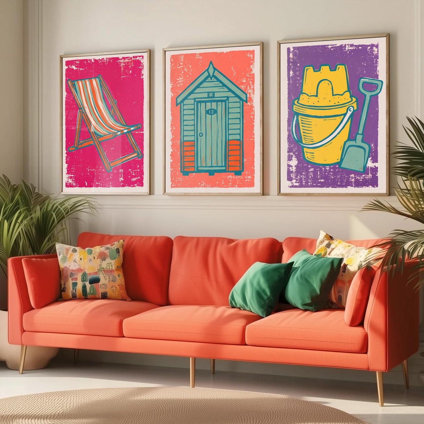 Set of Three British Seaside Art Prints - Deckchair, Beach Hut, Bucket and Spade - Linocut Illustrations - Coastal Triptych Posters V1