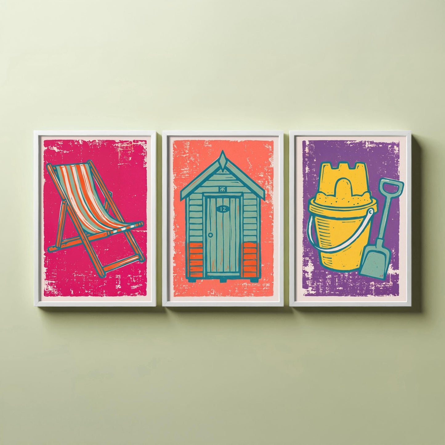 Set of Three British Seaside Art Prints - Deckchair, Beach Hut, Bucket and Spade - Linocut Illustrations - Coastal Triptych Posters V1