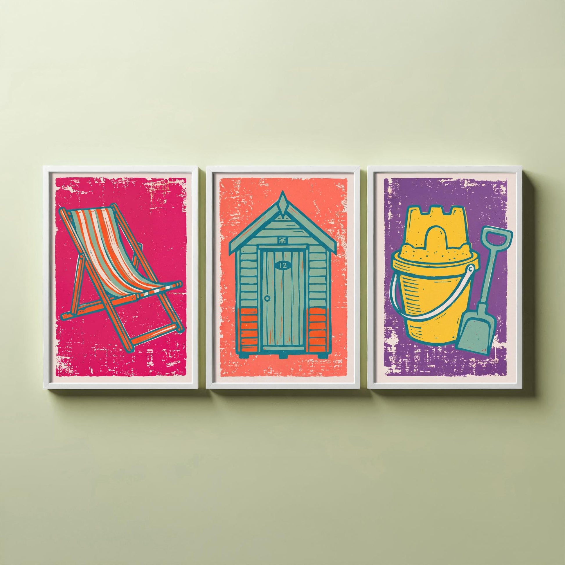 Set of Three British Seaside Art Prints - Deckchair, Beach Hut, Bucket and Spade - Linocut Illustrations - Coastal Triptych Posters V1