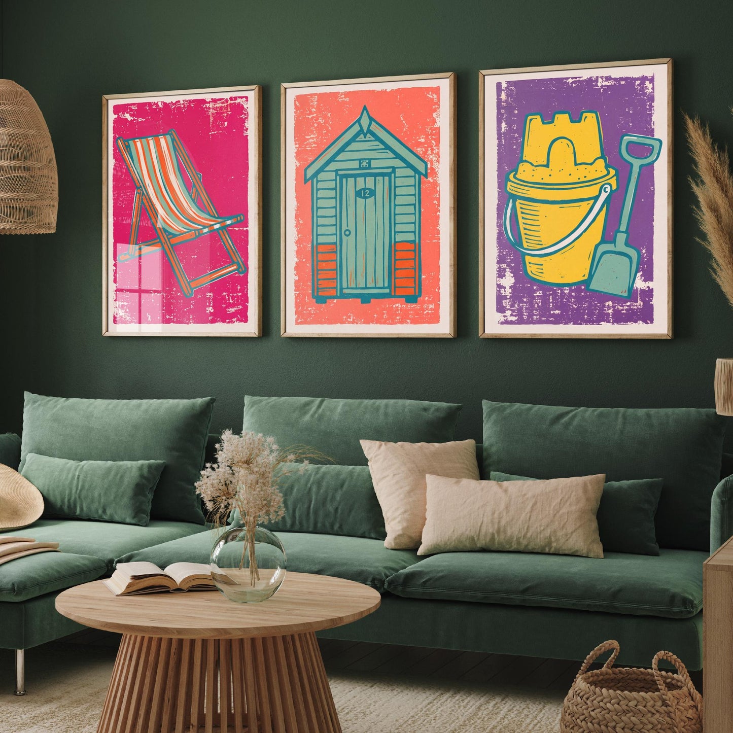 Set of Three British Seaside Art Prints - Deckchair, Beach Hut, Bucket and Spade - Linocut Illustrations - Coastal Triptych Posters V1