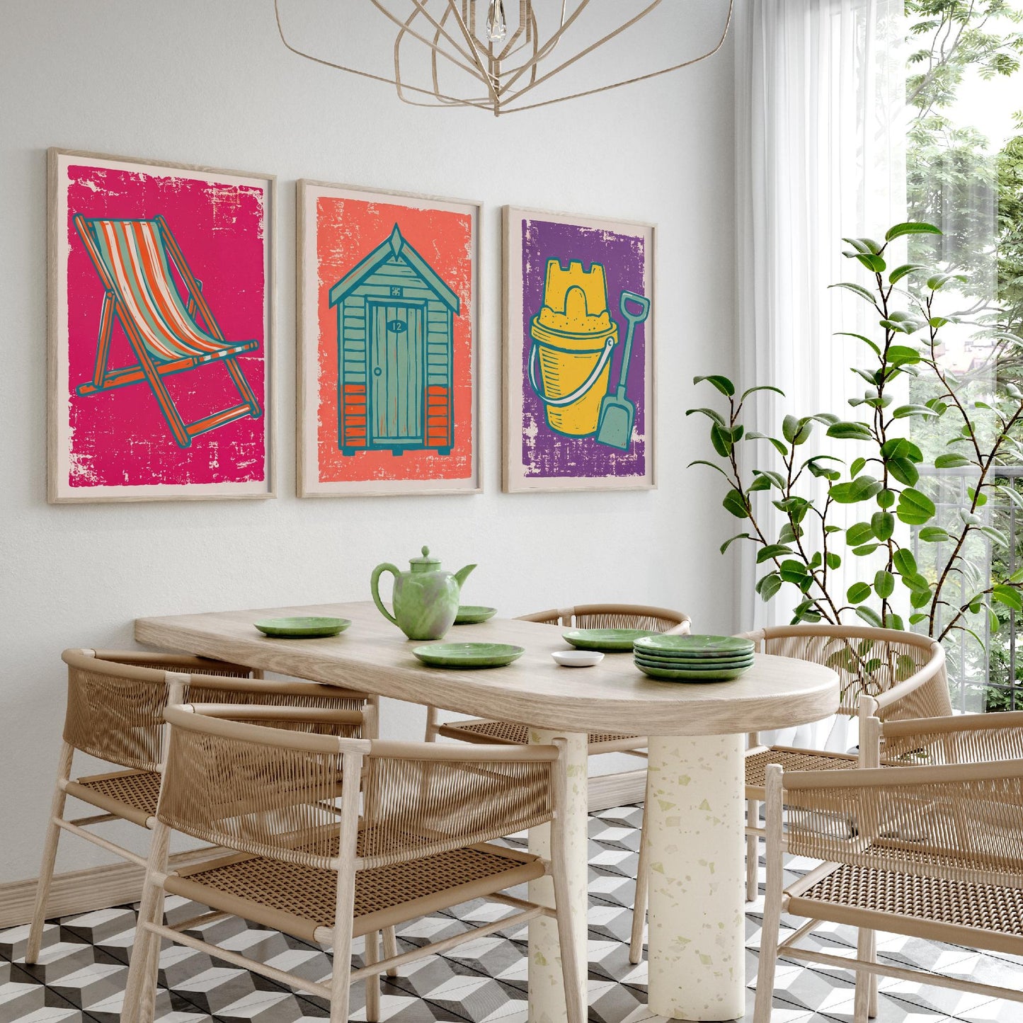Set of Three British Seaside Art Prints - Deckchair, Beach Hut, Bucket and Spade - Linocut Illustrations - Coastal Triptych Posters V1