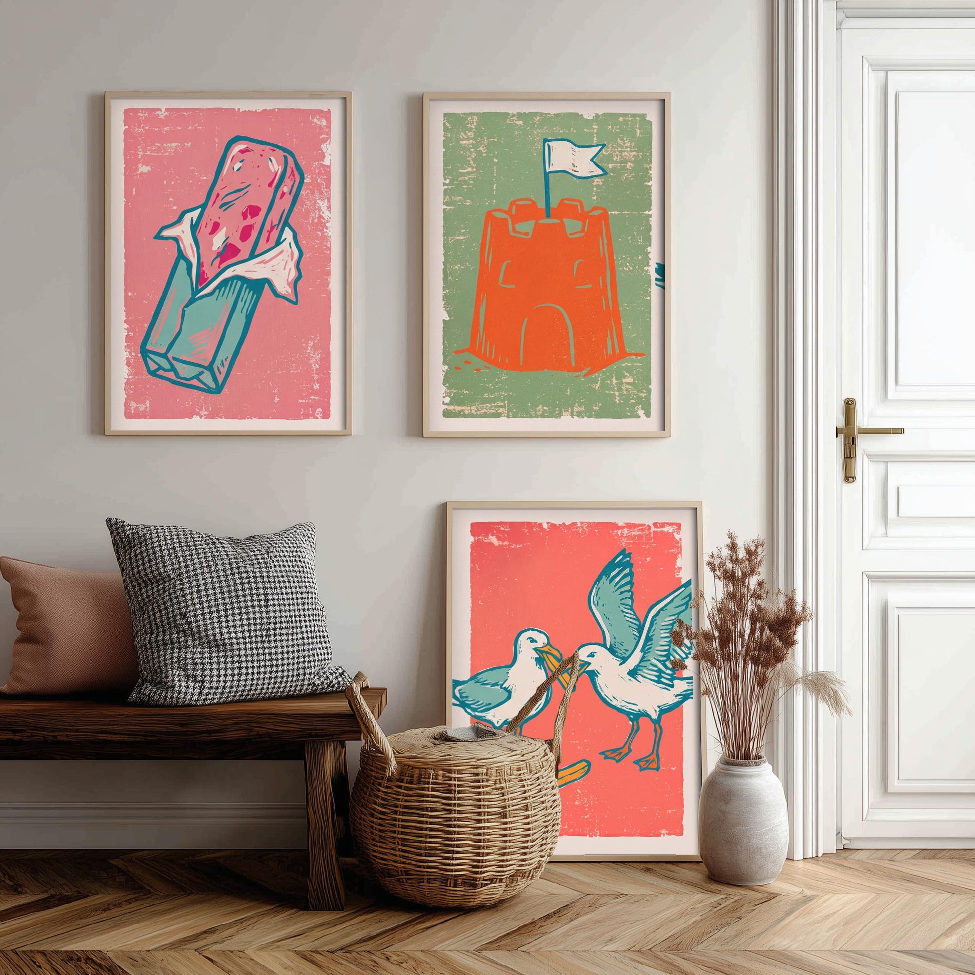 Set of Three British Seaside Art Prints - Stick of Rock, Sandcastle, Seagulls - Linocut Illustrations - Seaside Triptych Posters V2
