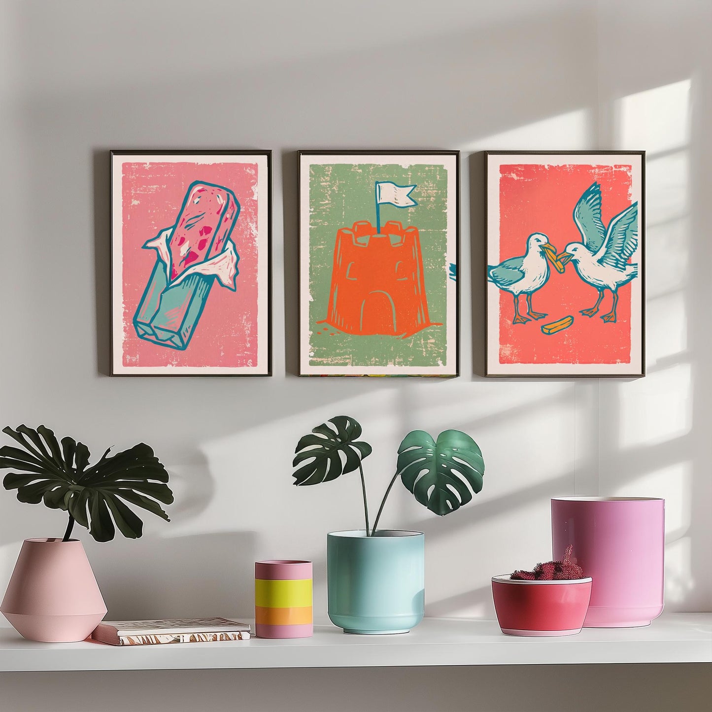 Set of Three British Seaside Art Prints - Stick of Rock, Sandcastle, Seagulls - Linocut Illustrations - Seaside Triptych Posters V2
