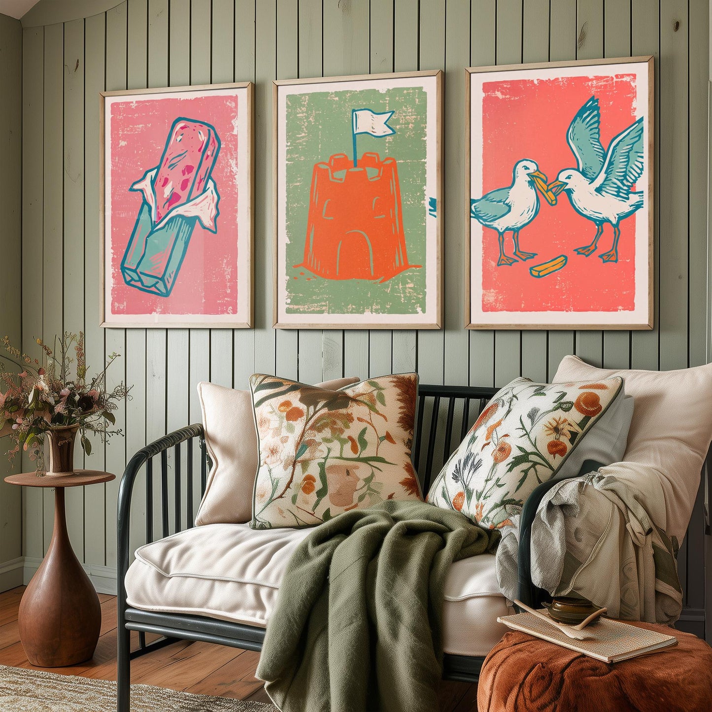 Set of Three British Seaside Art Prints - Stick of Rock, Sandcastle, Seagulls - Linocut Illustrations - Seaside Triptych Posters V2