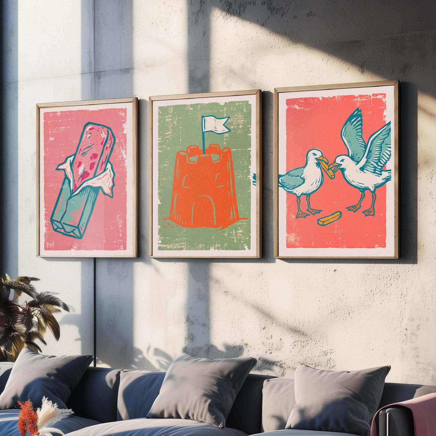 Set of Three British Seaside Art Prints - Stick of Rock, Sandcastle, Seagulls - Linocut Illustrations - Seaside Triptych Posters V2