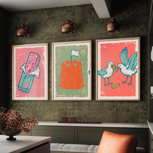 Set of Three British Seaside Art Prints - Stick of Rock, Sandcastle, Seagulls - Linocut Illustrations - Seaside Triptych Posters V2