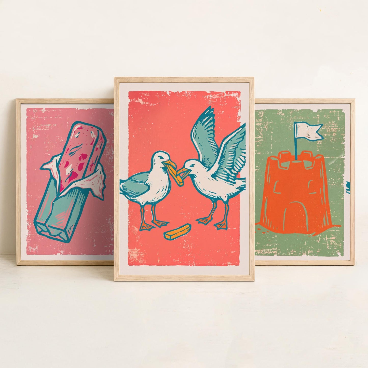 Set of Three British Seaside Art Prints - Stick of Rock, Sandcastle, Seagulls - Linocut Illustrations - Seaside Triptych Posters V2