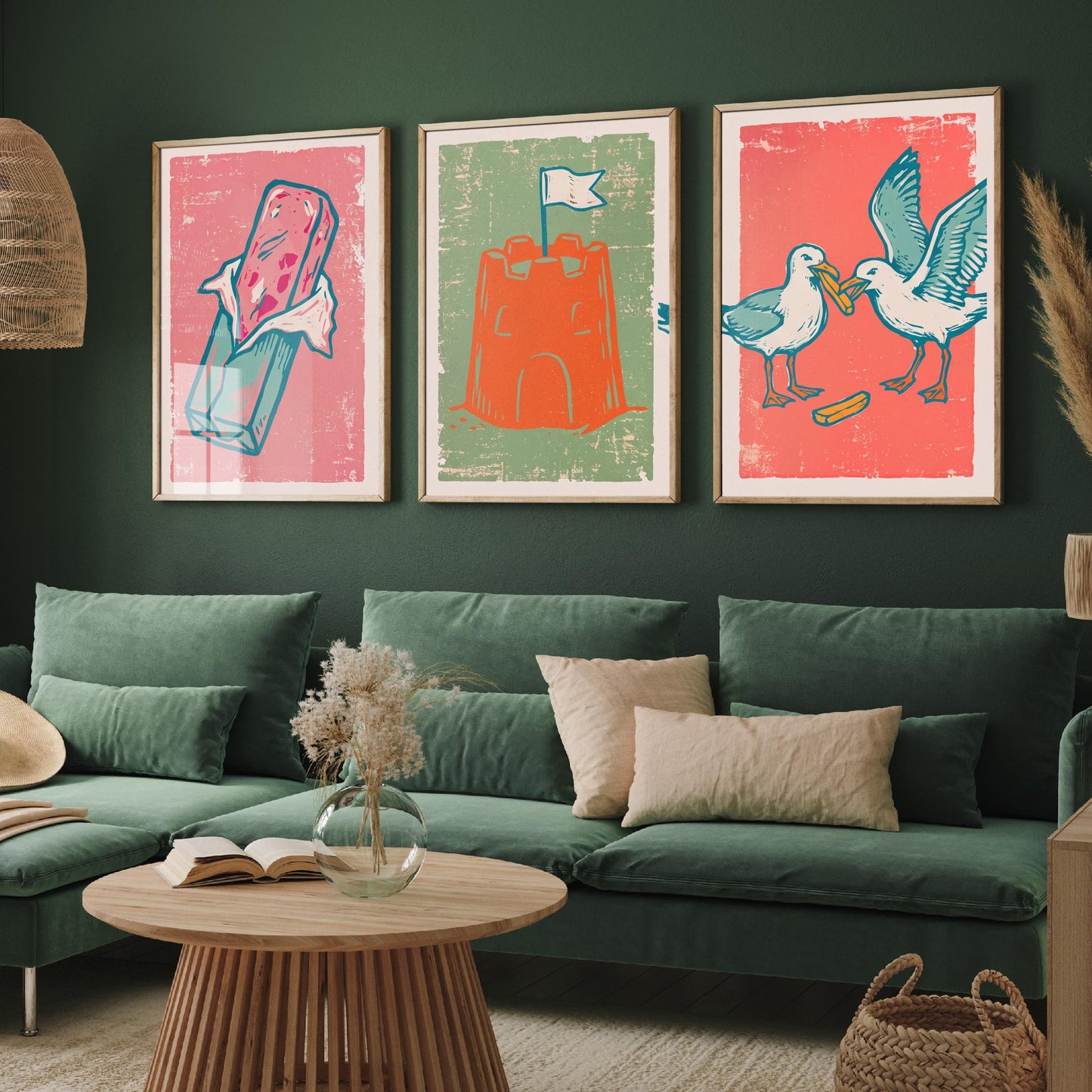 Set of Three British Seaside Art Prints - Stick of Rock, Sandcastle, Seagulls - Linocut Illustrations - Seaside Triptych Posters V2