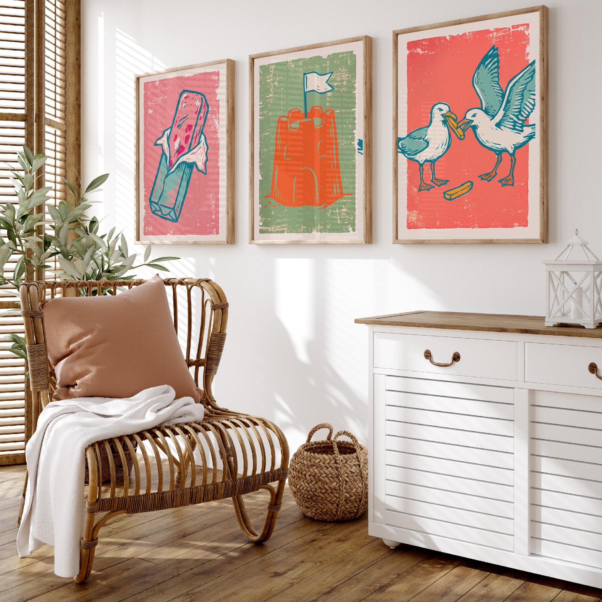 Set of Three British Seaside Art Prints - Stick of Rock, Sandcastle, Seagulls - Linocut Illustrations - Seaside Triptych Posters V2