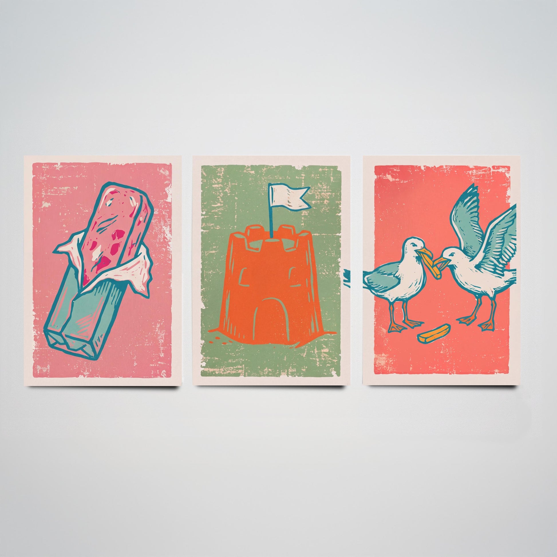 Set of Three British Seaside Art Prints - Stick of Rock, Sandcastle, Seagulls - Linocut Illustrations - Seaside Triptych Posters V2