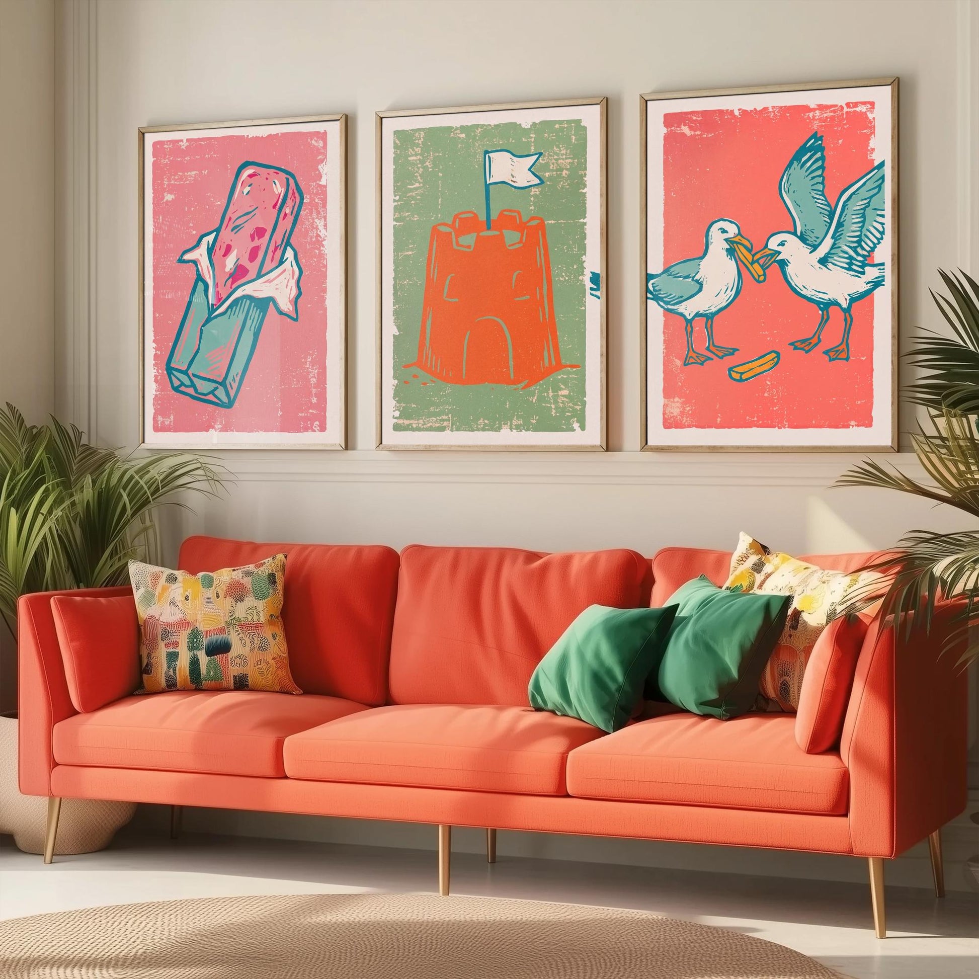 Set of Three British Seaside Art Prints - Stick of Rock, Sandcastle, Seagulls - Linocut Illustrations - Seaside Triptych Posters V2