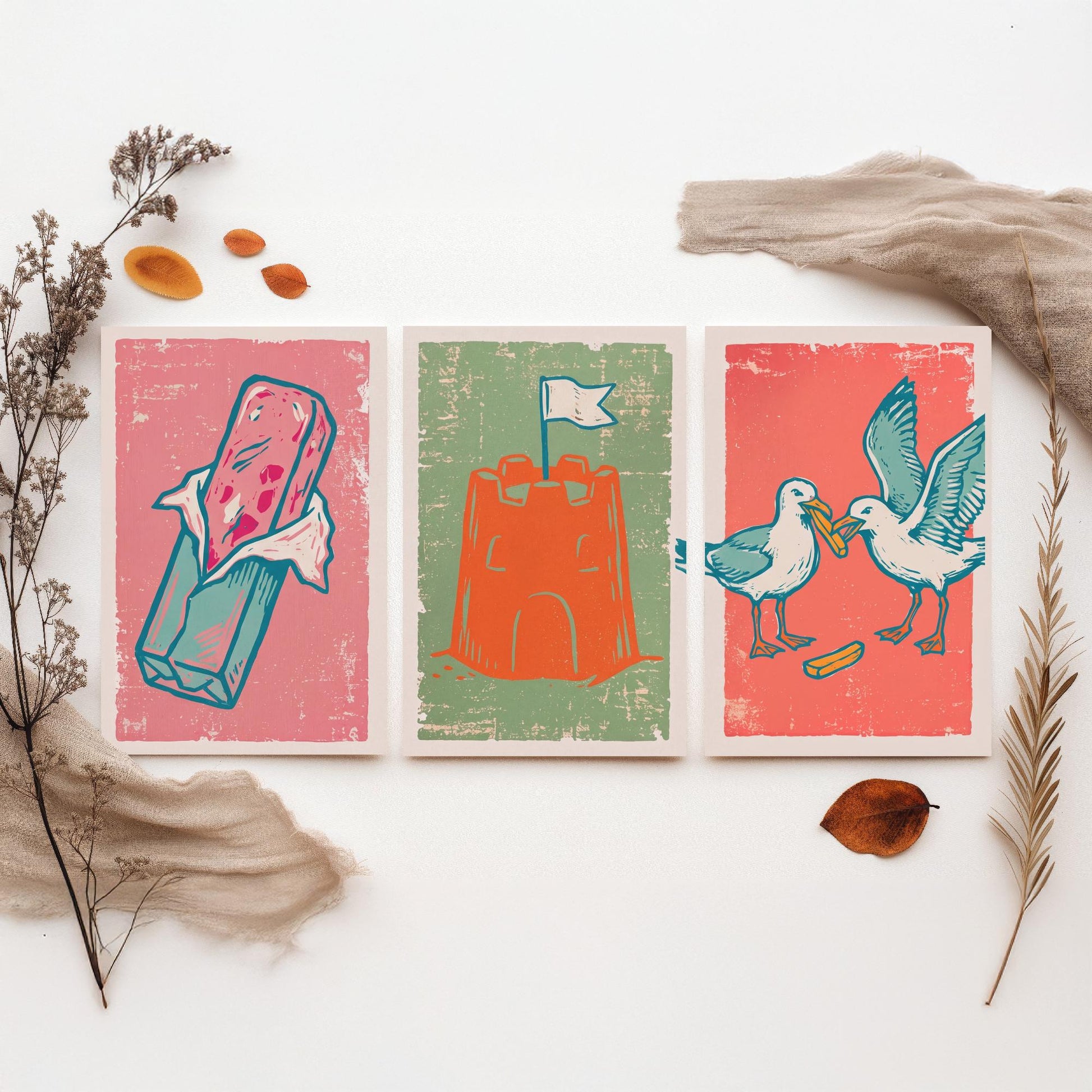 Set of Three British Seaside Art Prints - Stick of Rock, Sandcastle, Seagulls - Linocut Illustrations - Seaside Triptych Posters V2