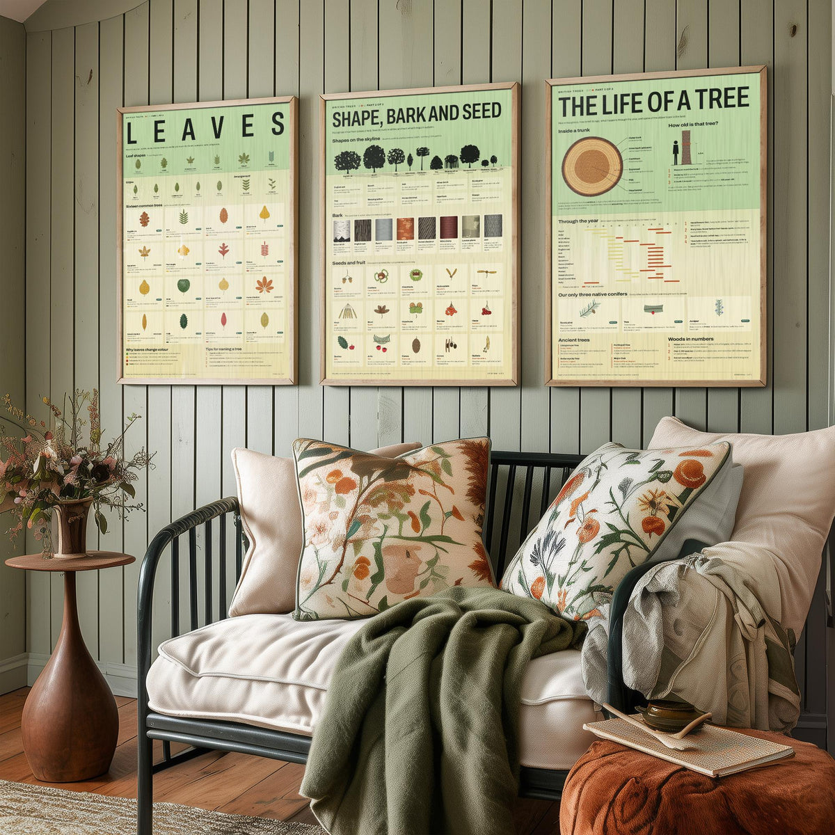 British Trees Set of Three Art Prints - Leaves, Shape Bark and Seed, The Life of a Tree - Nature Infographic Poster Illustration