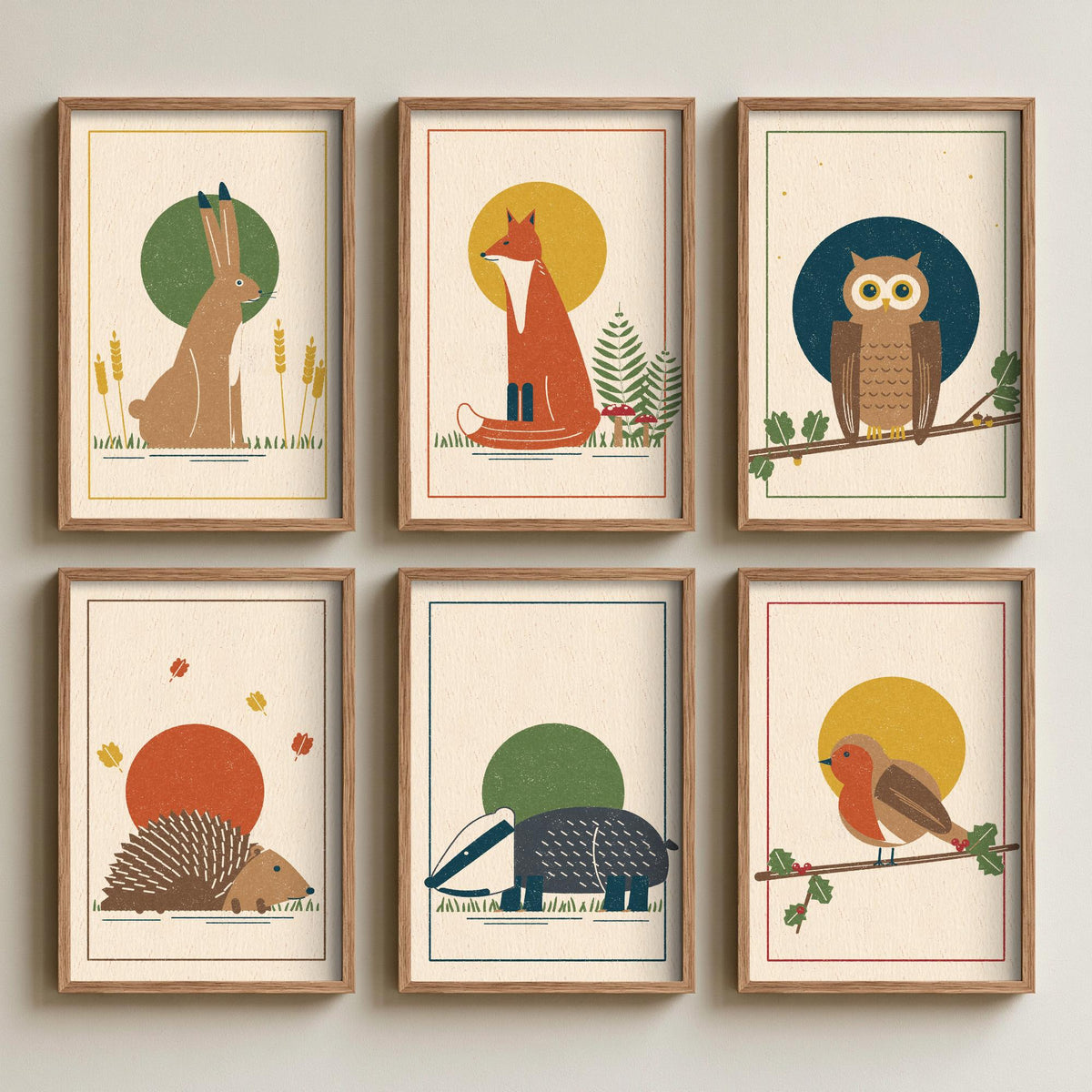 Set of Six British Woodland Animal Art Prints - 6 Linocut Style Posters - Hare, Fox, Owl, Hedgehog, Badger, Robin Illustration