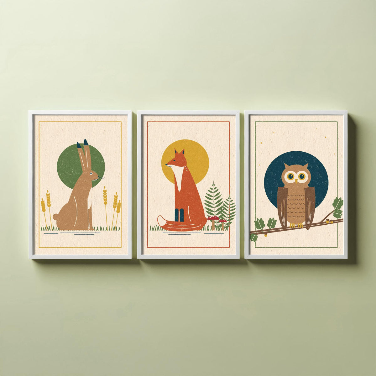 British Woodland Animal Set of Three Art Prints - Hare, Fox, Owl - Linocut Style Poster Illustration V1