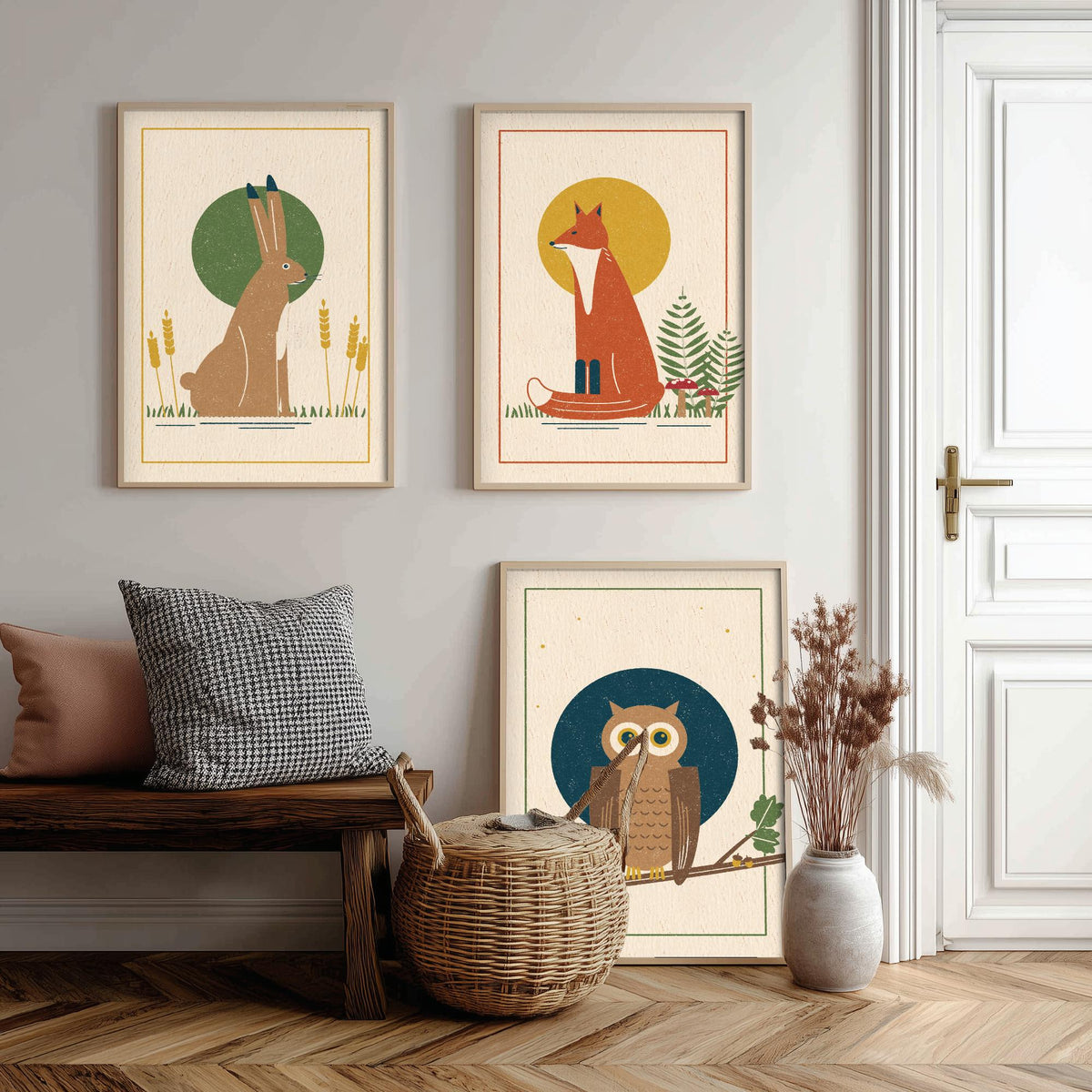 British Woodland Animal Set of Three Art Prints - Hare, Fox, Owl - Linocut Style Poster Illustration V1