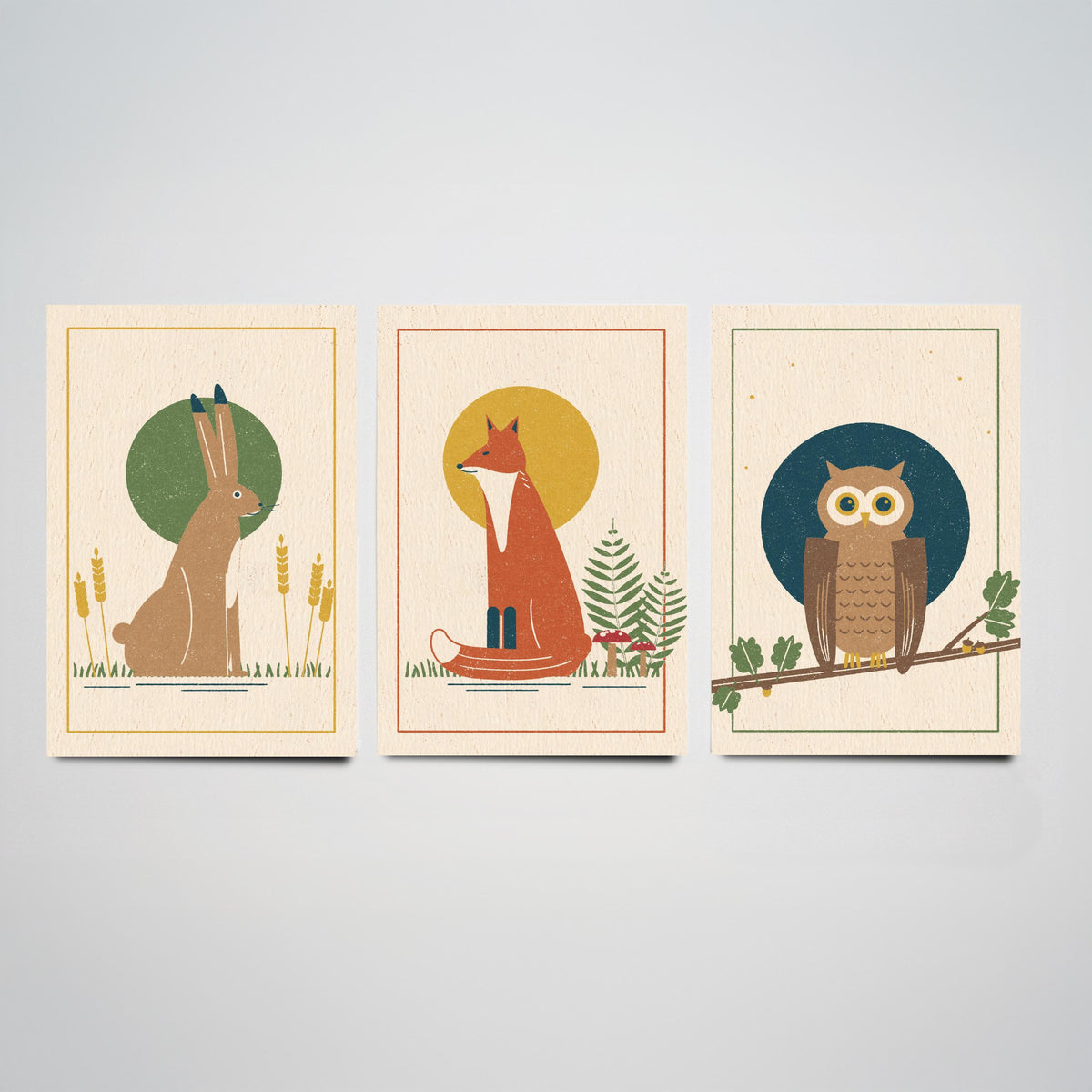 British Woodland Animal Set of Three Art Prints - Hare, Fox, Owl - Linocut Style Poster Illustration V1