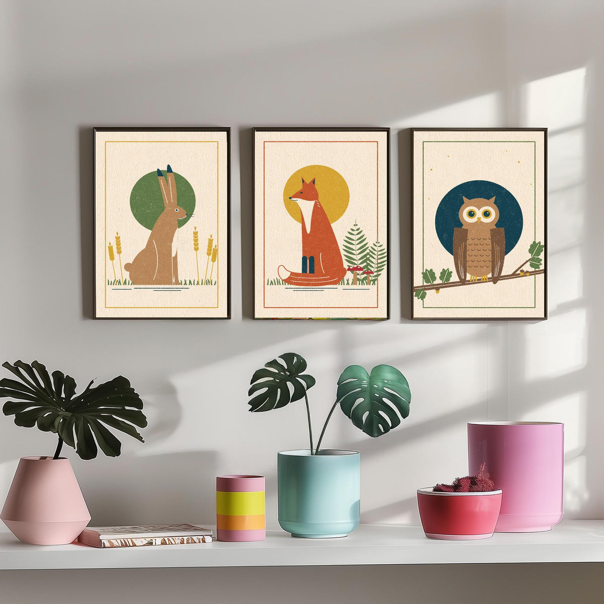 British Woodland Animal Set of Three Art Prints - Hare, Fox, Owl - Linocut Style Poster Illustration V1