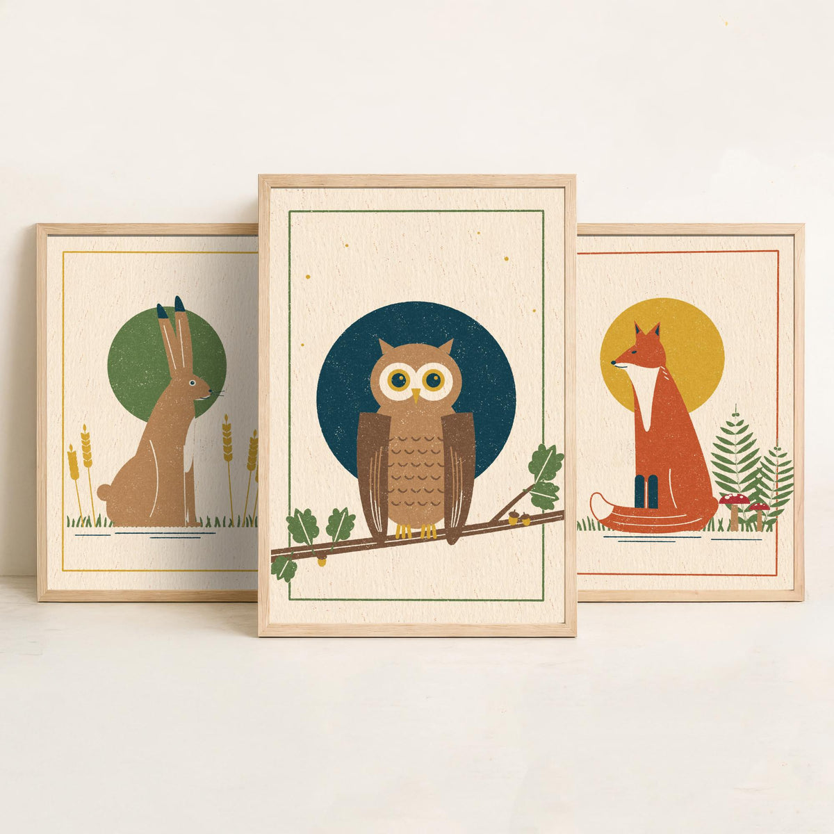 British Woodland Animal Set of Three Art Prints - Hare, Fox, Owl - Linocut Style Poster Illustration V1