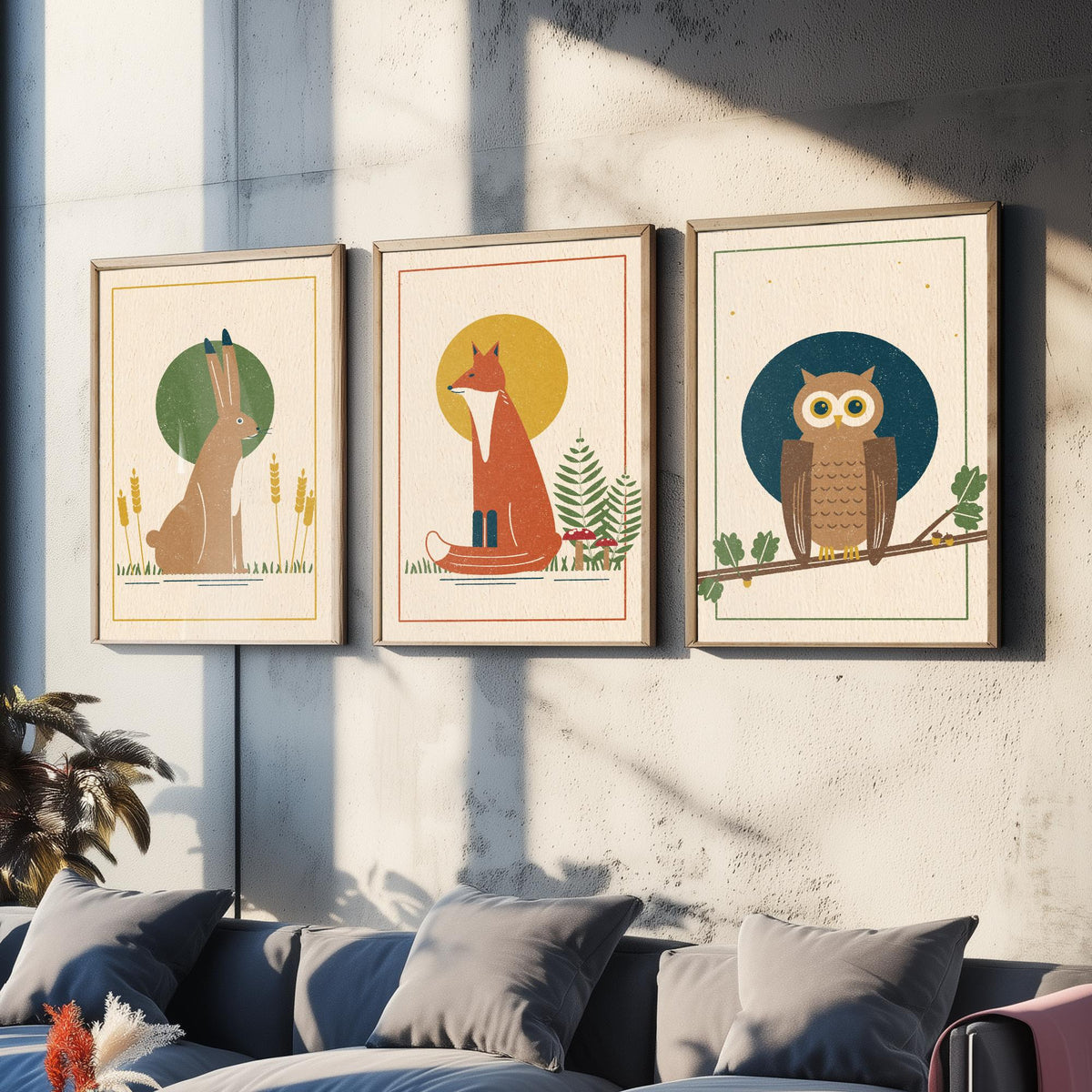 British Woodland Animal Set of Three Art Prints - Hare, Fox, Owl - Linocut Style Poster Illustration V1