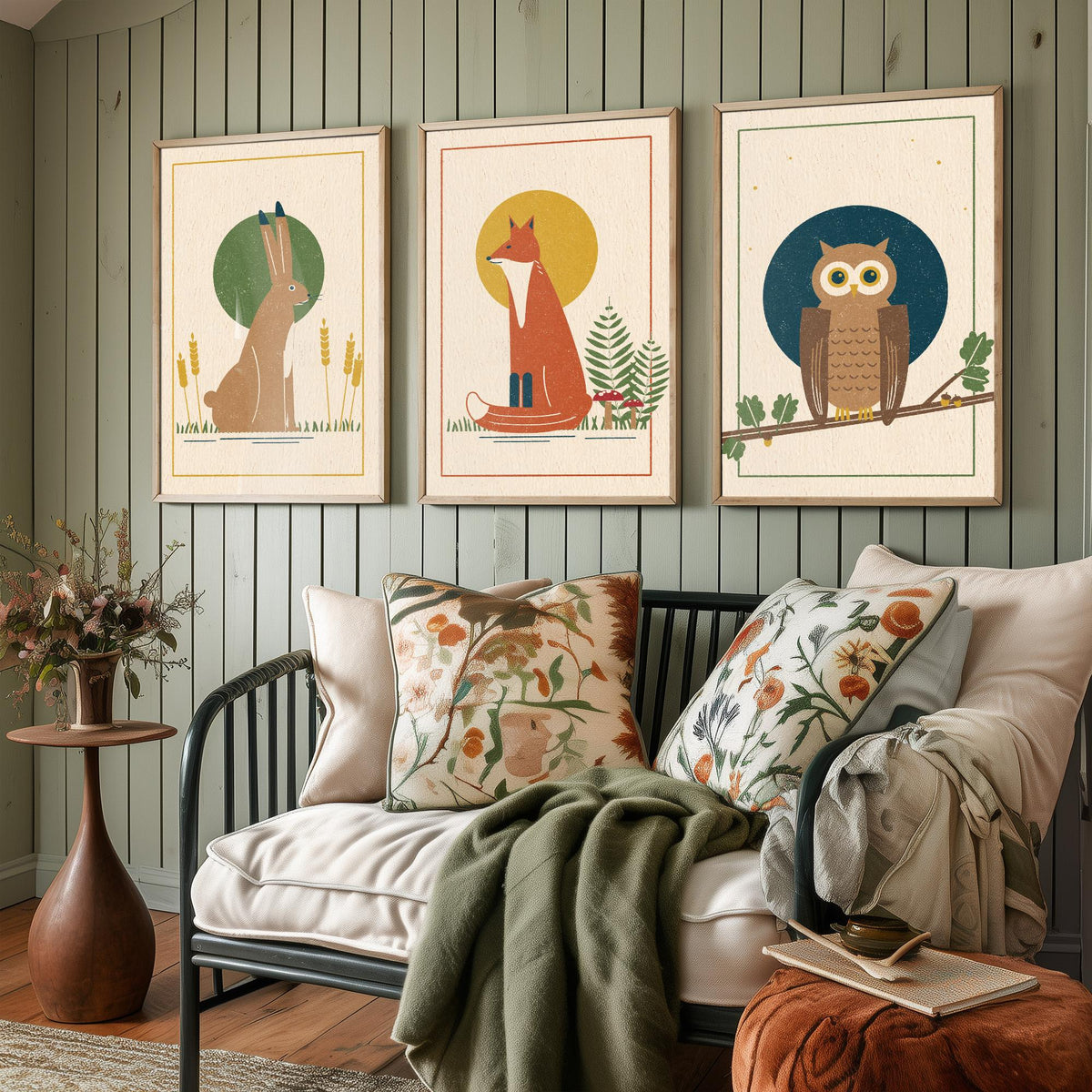 British Woodland Animal Set of Three Art Prints - Hare, Fox, Owl - Linocut Style Poster Illustration V1