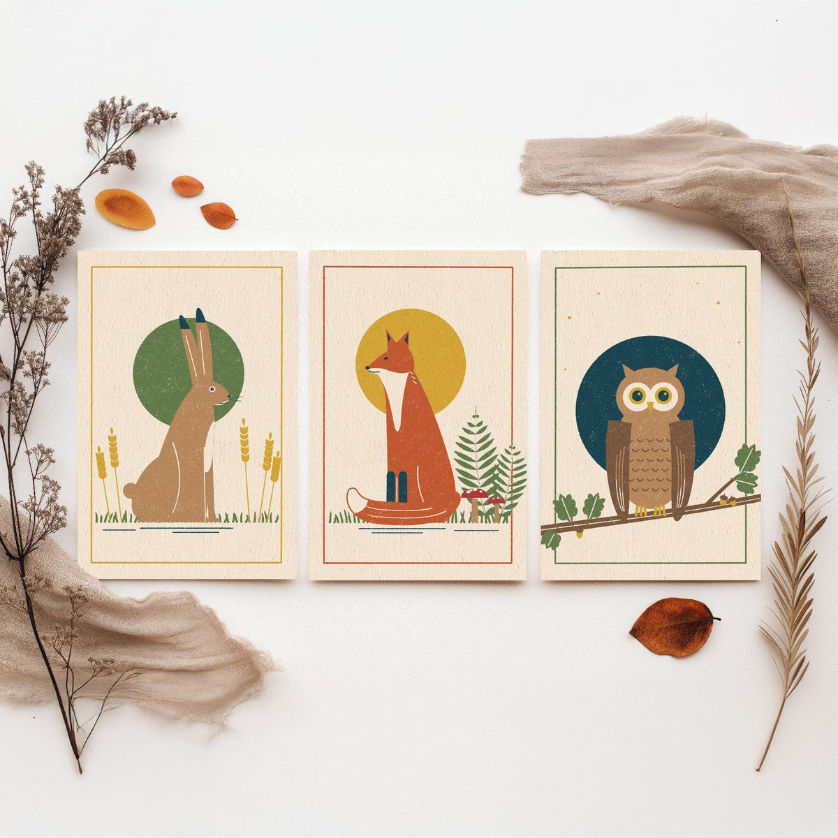 British Woodland Animal Set of Three Art Prints - Hare, Fox, Owl - Linocut Style Poster Illustration V1