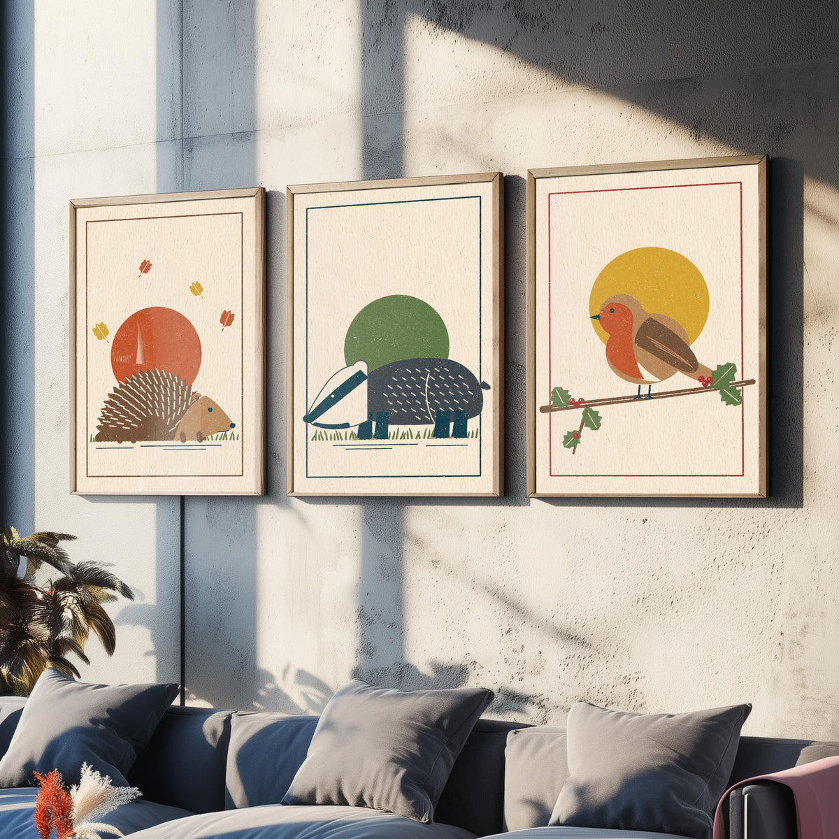 British Woodland Animal Set of Three Art Prints - Hedgehog, Badger, Robin - Linocut Style Poster Illustration V2