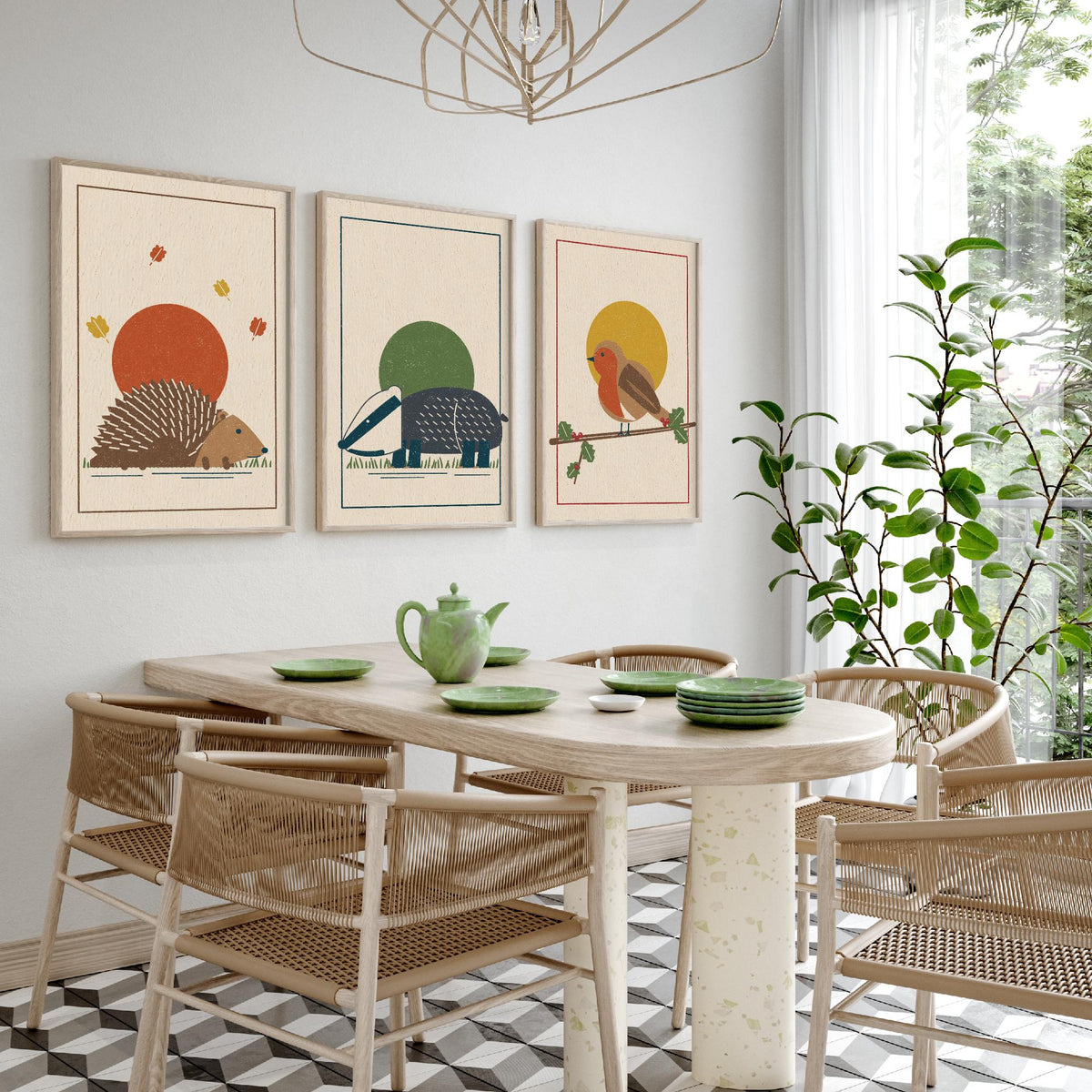 British Woodland Animal Set of Three Art Prints - Hedgehog, Badger, Robin - Linocut Style Poster Illustration V2