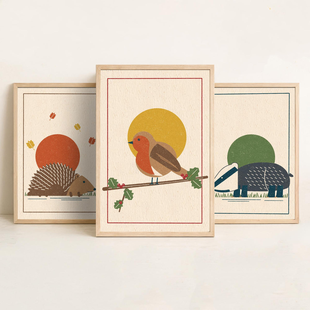 British Woodland Animal Set of Three Art Prints - Hedgehog, Badger, Robin - Linocut Style Poster Illustration V2