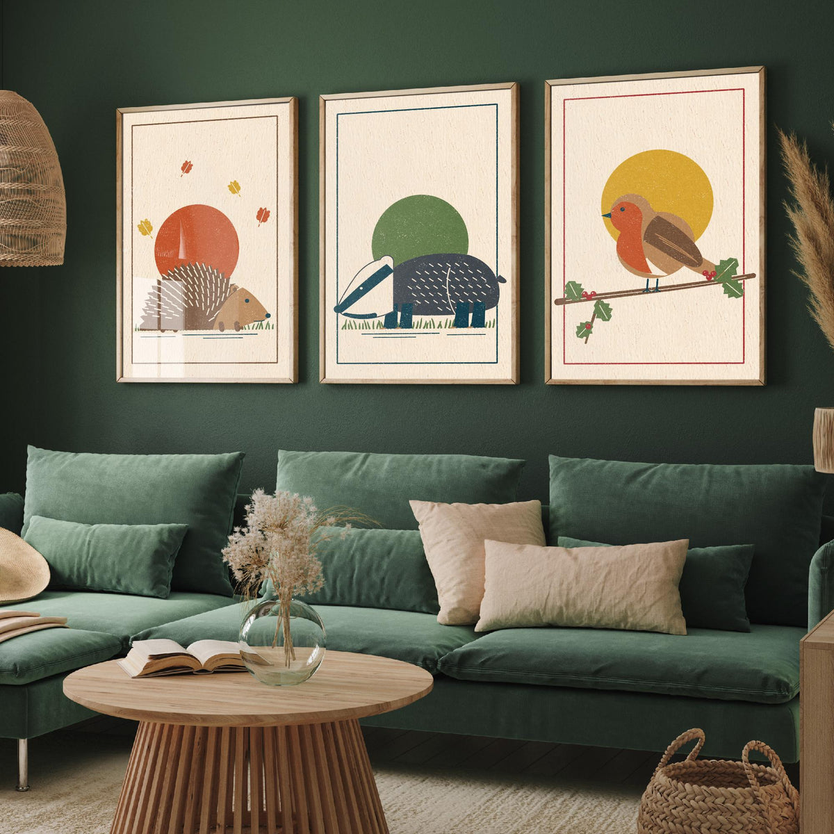 British Woodland Animal Set of Three Art Prints - Hedgehog, Badger, Robin - Linocut Style Poster Illustration V2