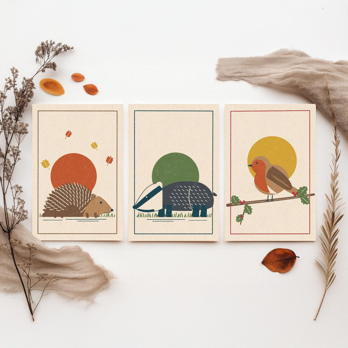 British Woodland Animal Set of Three Art Prints - Hedgehog, Badger, Robin - Linocut Style Poster Illustration V2
