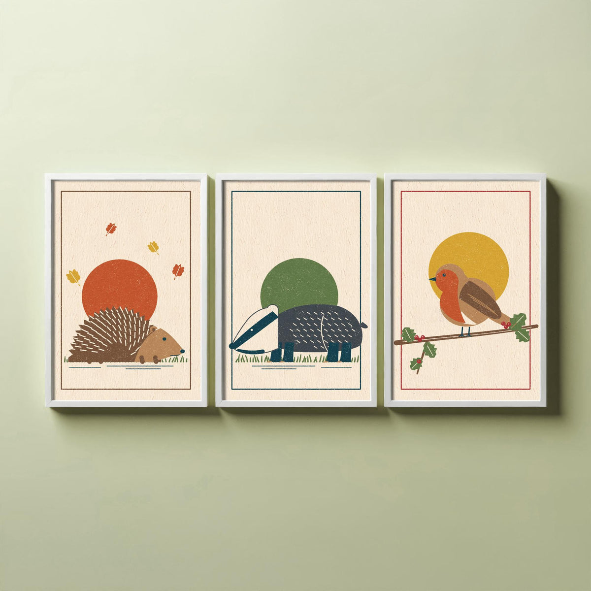 British Woodland Animal Set of Three Art Prints - Hedgehog, Badger, Robin - Linocut Style Poster Illustration V2