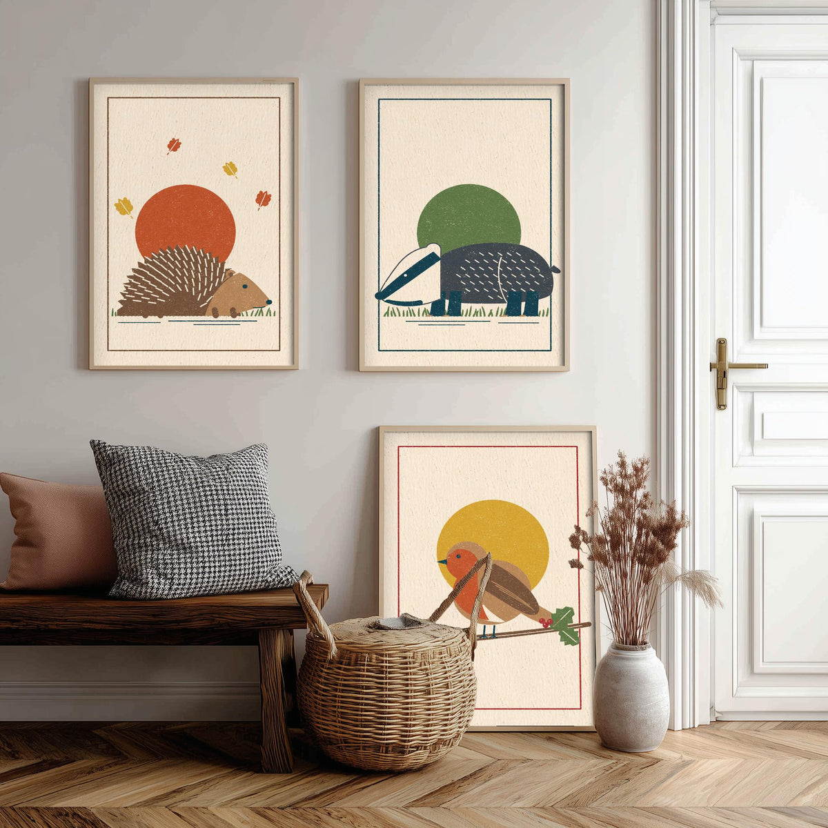 British Woodland Animal Set of Three Art Prints - Hedgehog, Badger, Robin - Linocut Style Poster Illustration V2