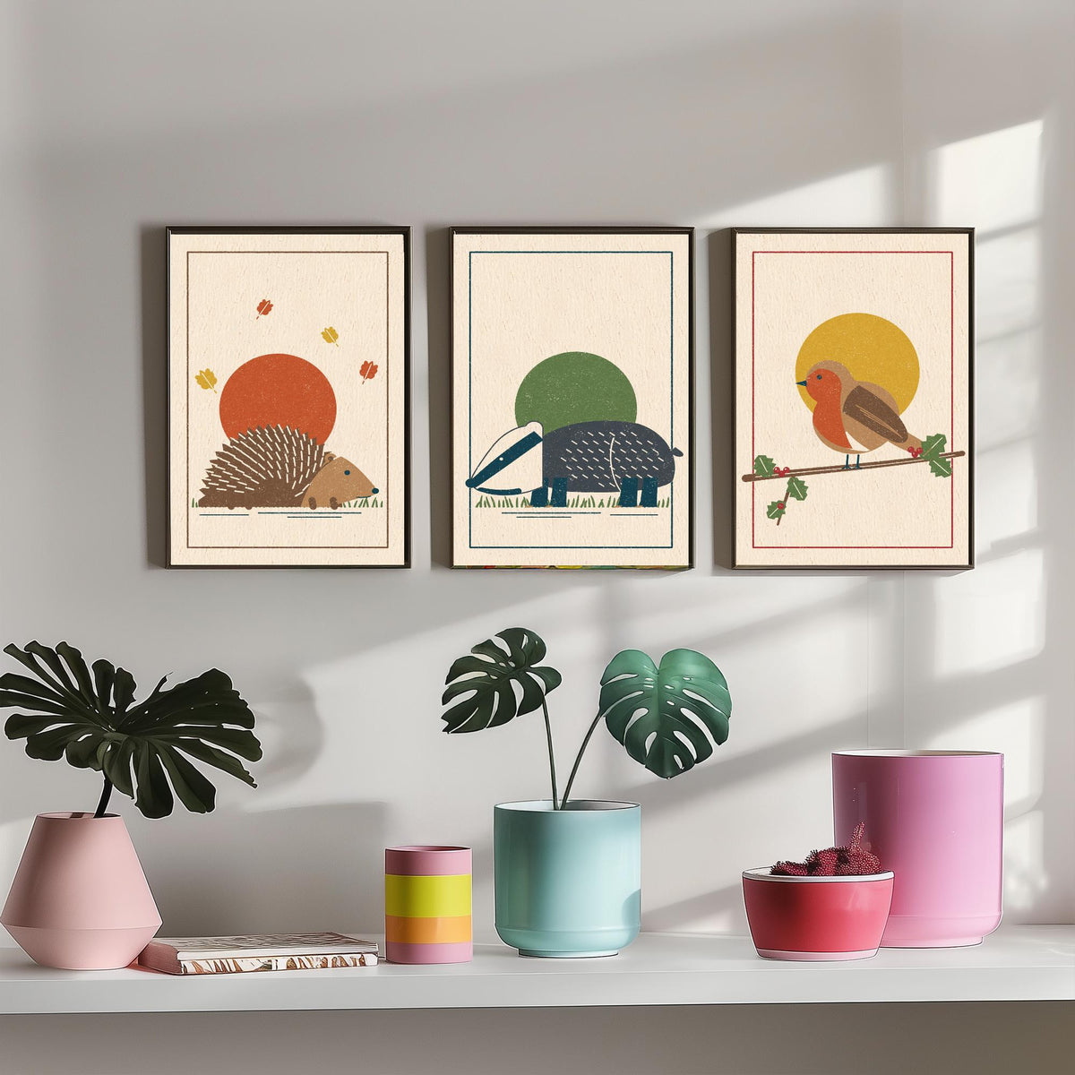 British Woodland Animal Set of Three Art Prints - Hedgehog, Badger, Robin - Linocut Style Poster Illustration V2