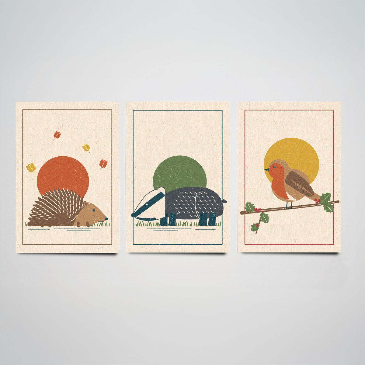 British Woodland Animal Set of Three Art Prints - Hedgehog, Badger, Robin - Linocut Style Poster Illustration V2