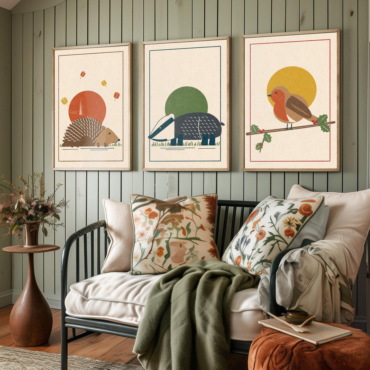 British Woodland Animal Set of Three Art Prints - Hedgehog, Badger, Robin - Linocut Style Poster Illustration V2