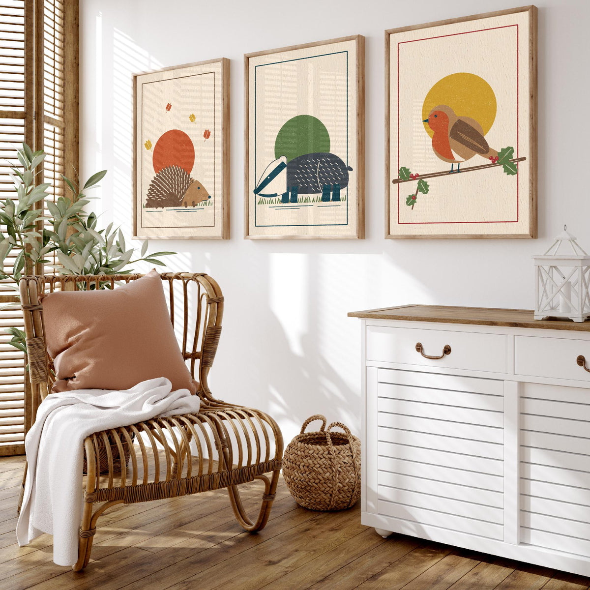 British Woodland Animal Set of Three Art Prints - Hedgehog, Badger, Robin - Linocut Style Poster Illustration V2