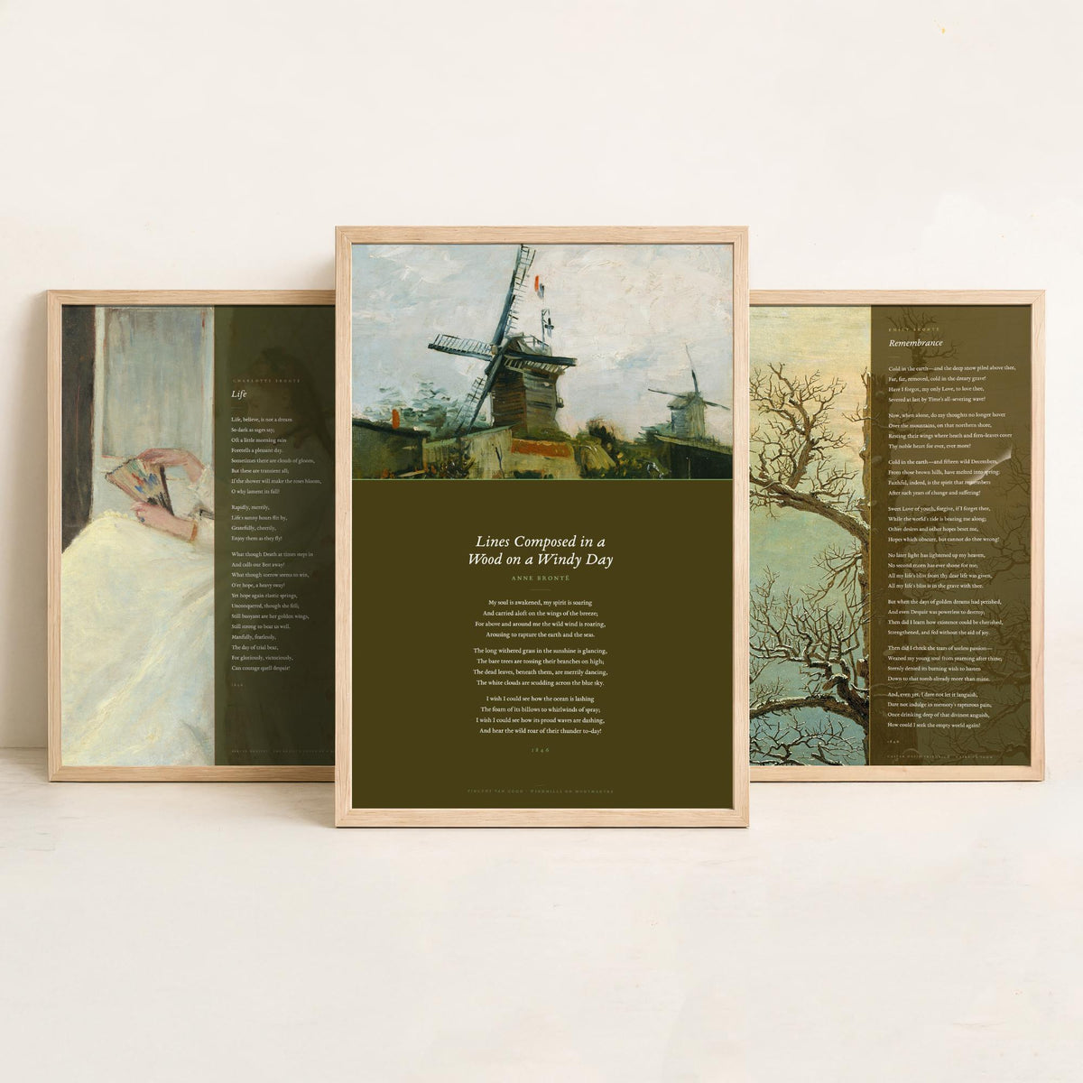 Bronte Sisters Poems Set of Three Art Prints - Remembrance, Life, Lines Composed in a Wood on a Windy Day - Classic Painting Poster