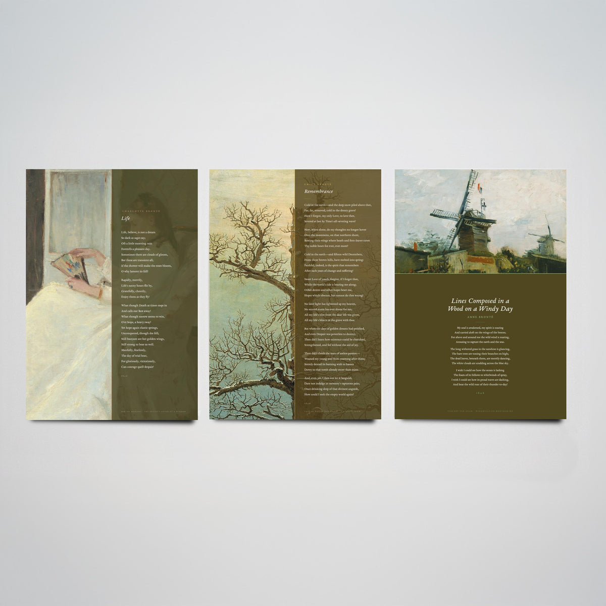 Bronte Sisters Poems Set of Three Art Prints - Remembrance, Life, Lines Composed in a Wood on a Windy Day - Classic Painting Poster