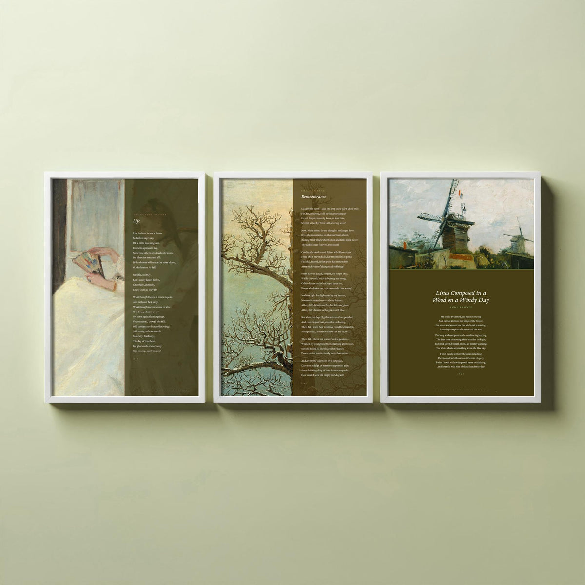Bronte Sisters Poems Set of Three Art Prints - Remembrance, Life, Lines Composed in a Wood on a Windy Day - Classic Painting Poster