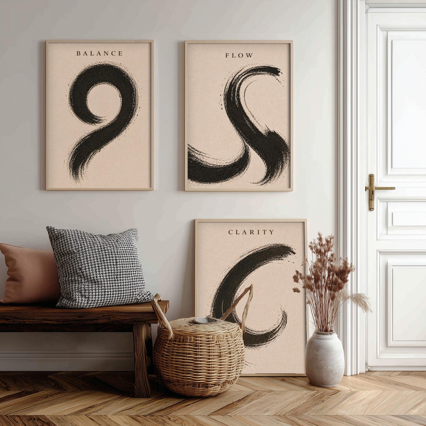 Zen Brush Stroke Set of Three Art Prints - Balance Flow Clarity - 3 Minimalist Ink Illustrations - Black Wall Art Poster Gift Decor