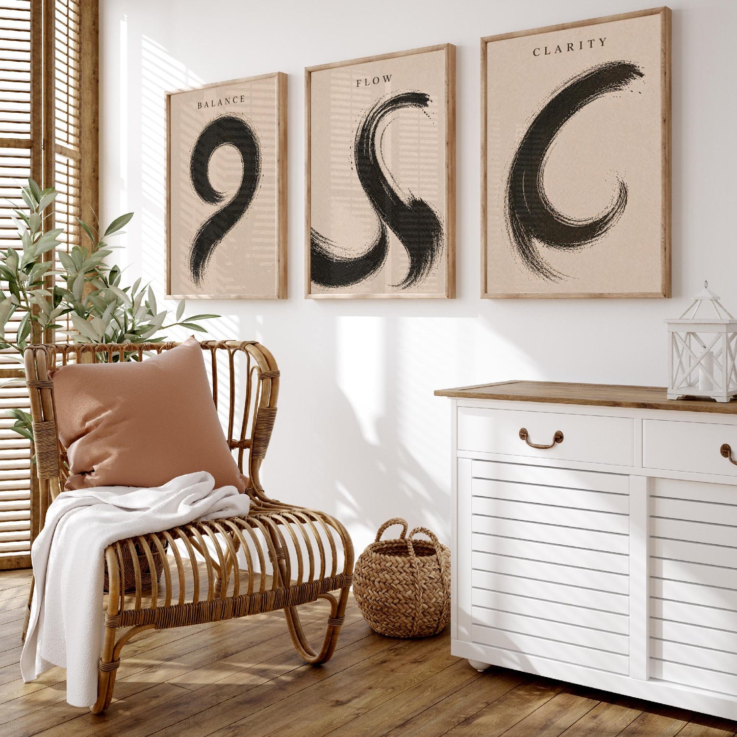 Zen Brush Stroke Set of Three Art Prints - Balance Flow Clarity - 3 Minimalist Ink Illustrations - Black Wall Art Poster Gift Decor