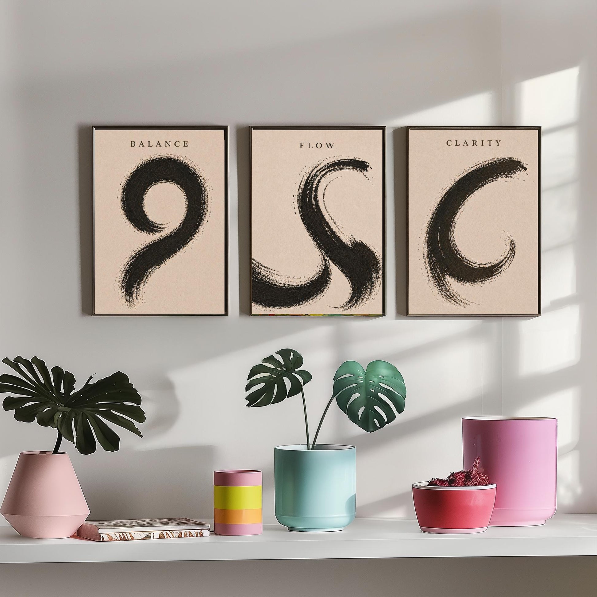 Zen Brush Stroke Set of Three Art Prints - Balance Flow Clarity - 3 Minimalist Ink Illustrations - Black Wall Art Poster Gift Decor
