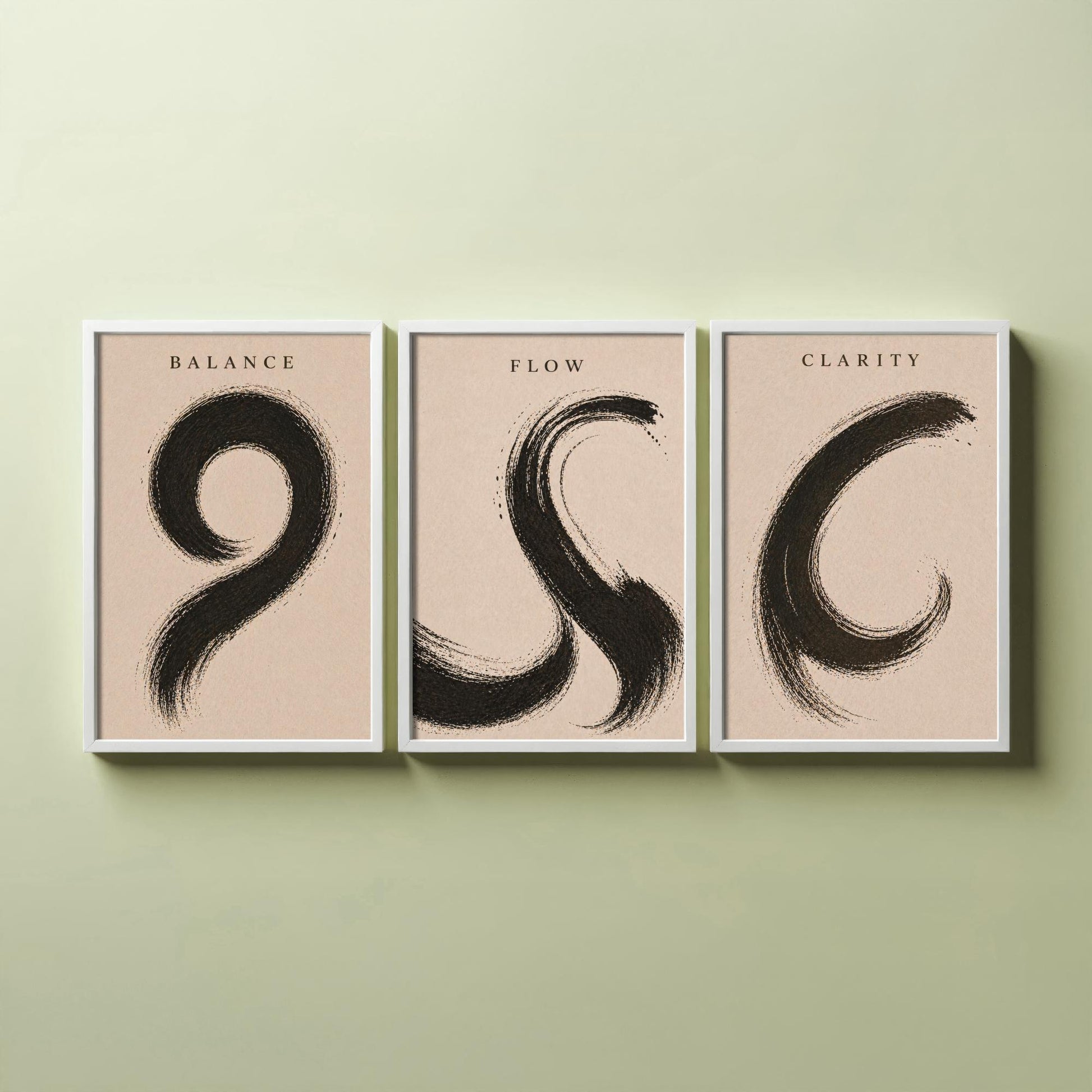 Zen Brush Stroke Set of Three Art Prints - Balance Flow Clarity - 3 Minimalist Ink Illustrations - Black Wall Art Poster Gift Decor
