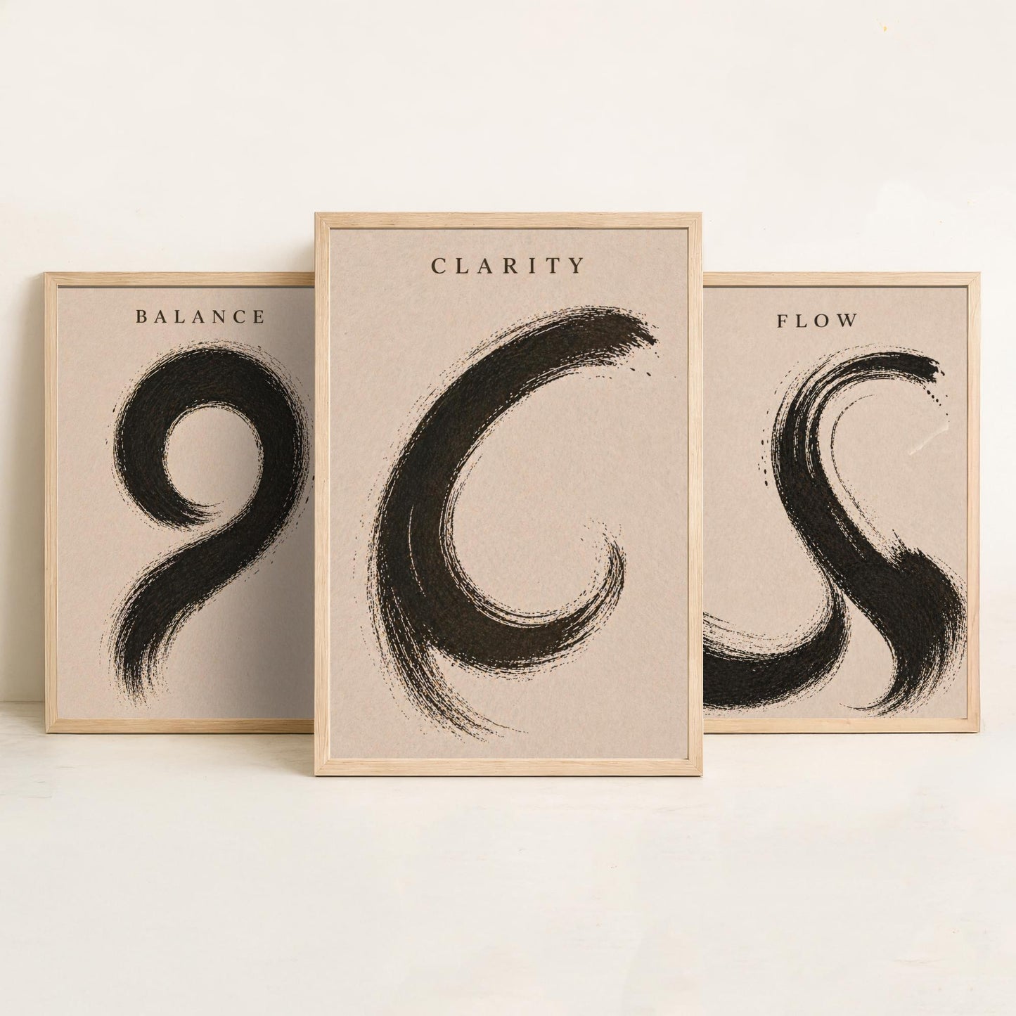 Zen Brush Stroke Set of Three Art Prints - Balance Flow Clarity - 3 Minimalist Ink Illustrations - Black Wall Art Poster Gift Decor