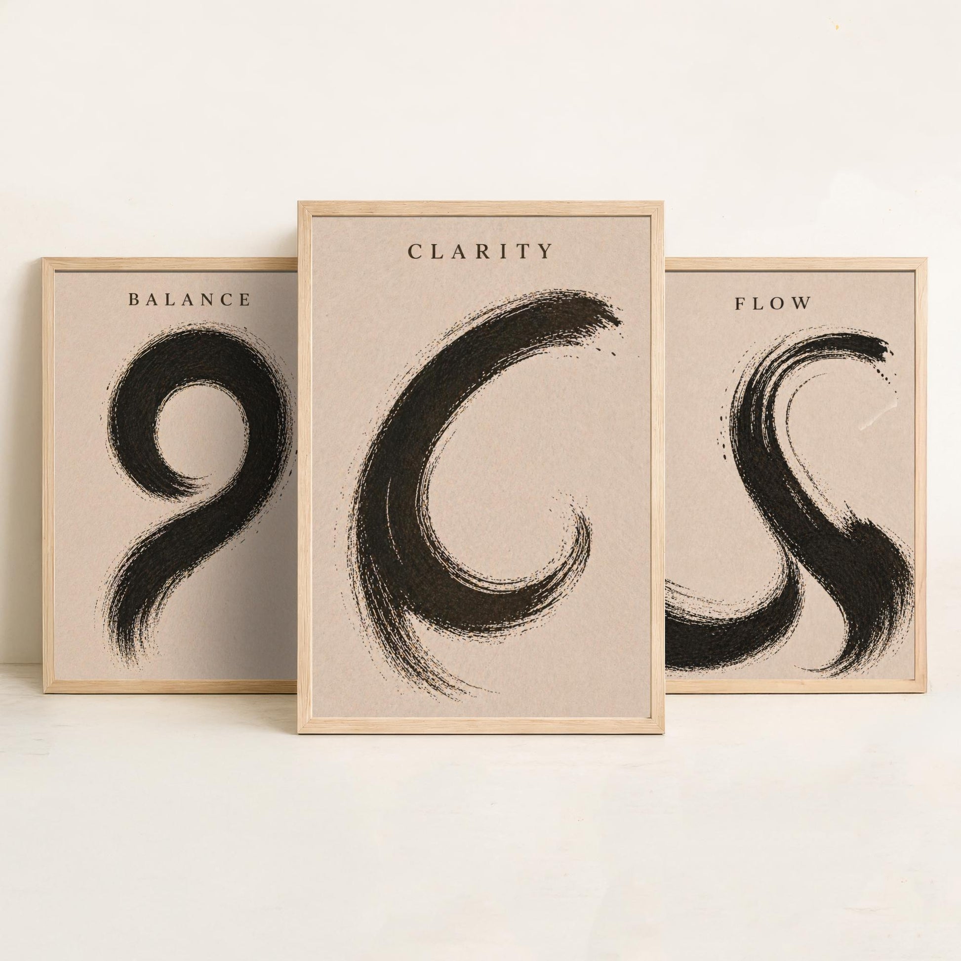 Zen Brush Stroke Set of Three Art Prints - Balance Flow Clarity - 3 Minimalist Ink Illustrations - Black Wall Art Poster Gift Decor