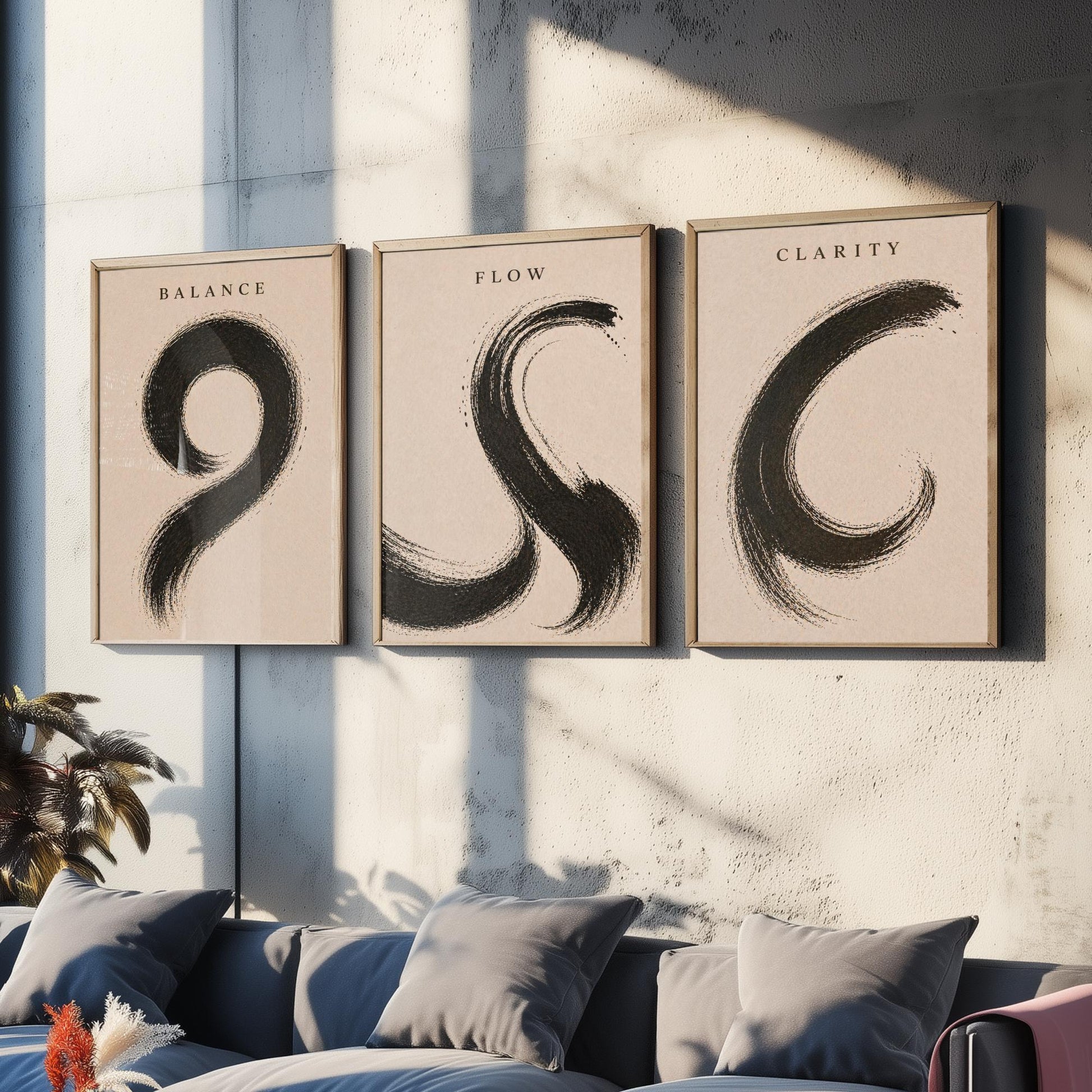 Zen Brush Stroke Set of Three Art Prints - Balance Flow Clarity - 3 Minimalist Ink Illustrations - Black Wall Art Poster Gift Decor