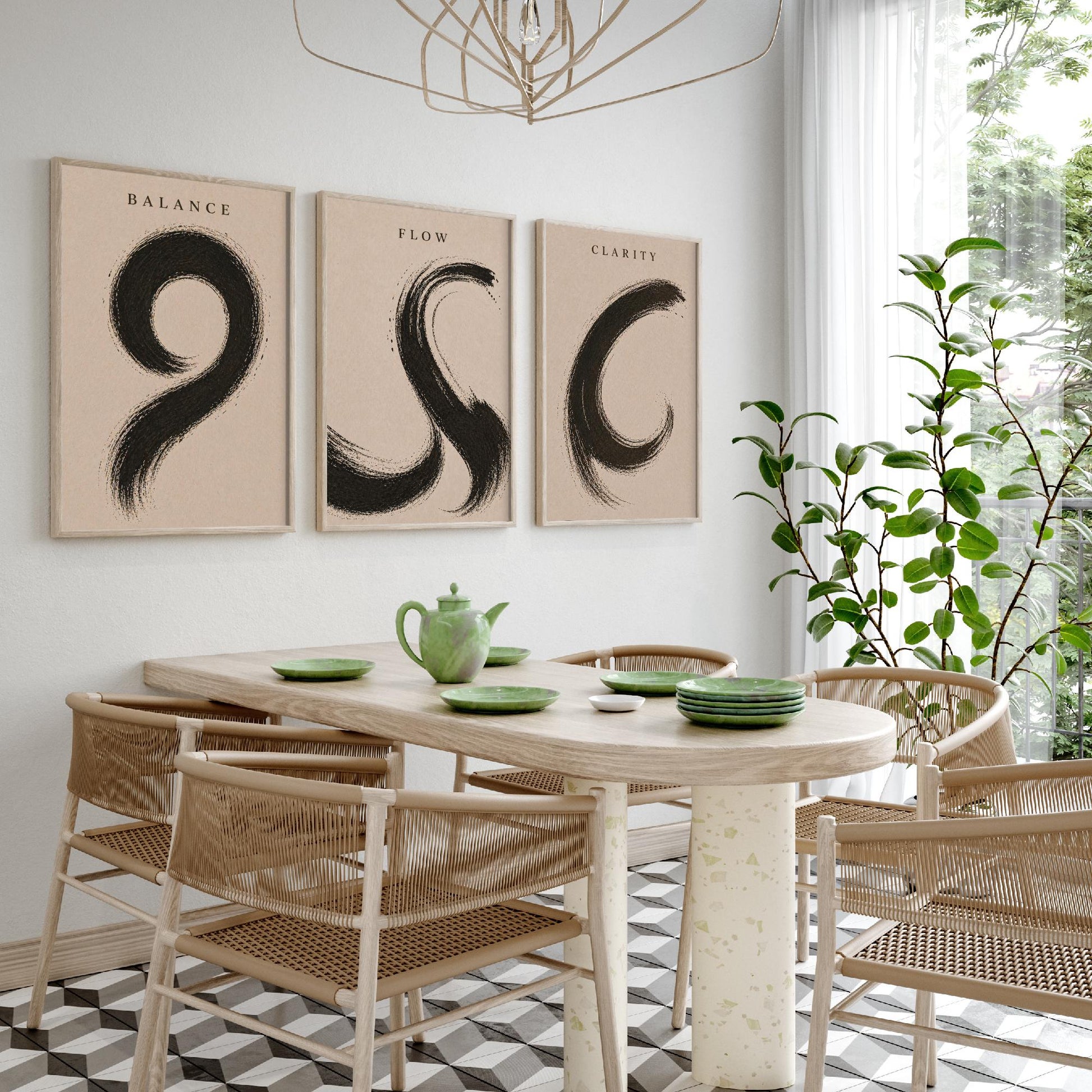 Zen Brush Stroke Set of Three Art Prints - Balance Flow Clarity - 3 Minimalist Ink Illustrations - Black Wall Art Poster Gift Decor