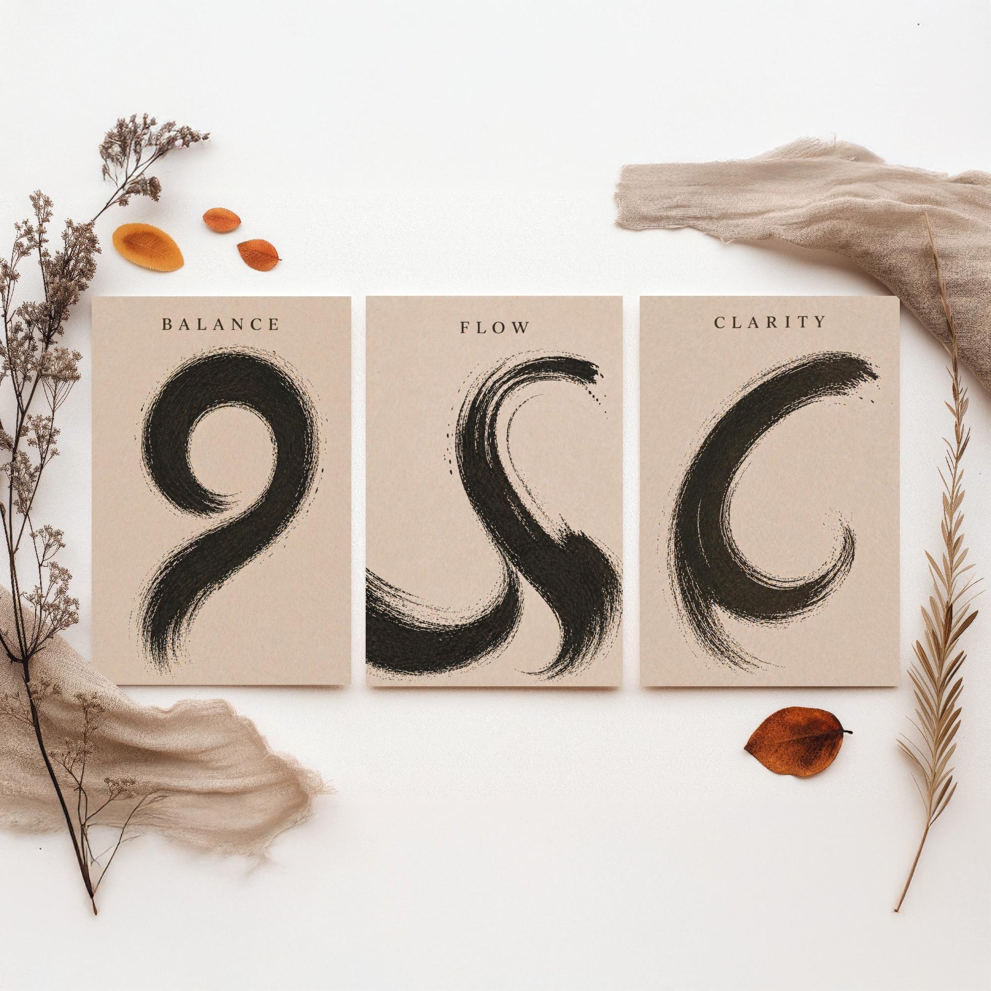Zen Brush Stroke Set of Three Art Prints - Balance Flow Clarity - 3 Minimalist Ink Illustrations - Black Wall Art Poster Gift Decor